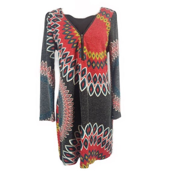 Aryeh Sweater Dress Women's L Boho Geometric Mini Zip Front Long Sleeve Read - Picture 1 of 9